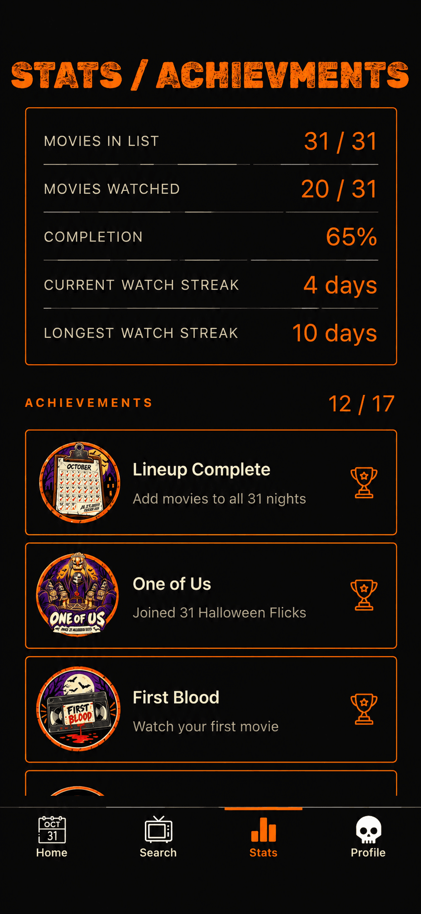The stats and achievements screen in 31 Halloween Flicks, showing season progress and unlocked achievements