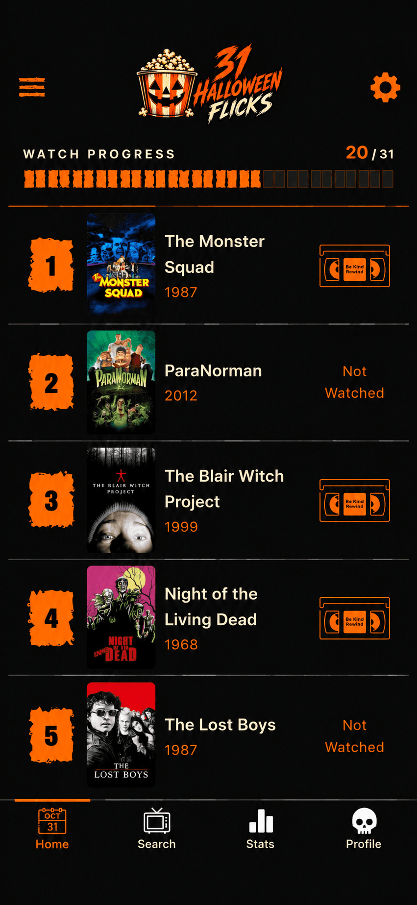The October lineup screen in 31 Halloween Flicks, showing 20 of 31 movies watched and the first five nights of the list
